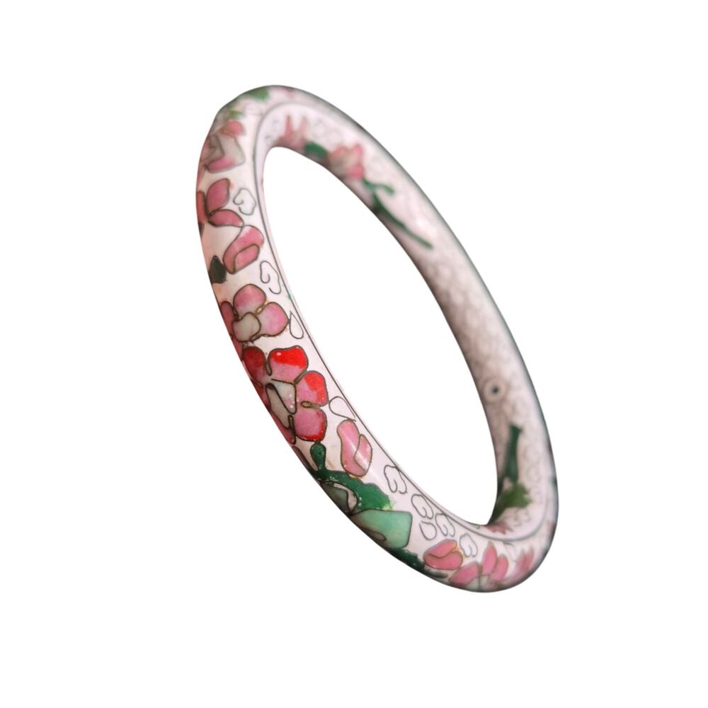 Vintage White Floral Enamel Cloisonne Bangle Bracelet 8"